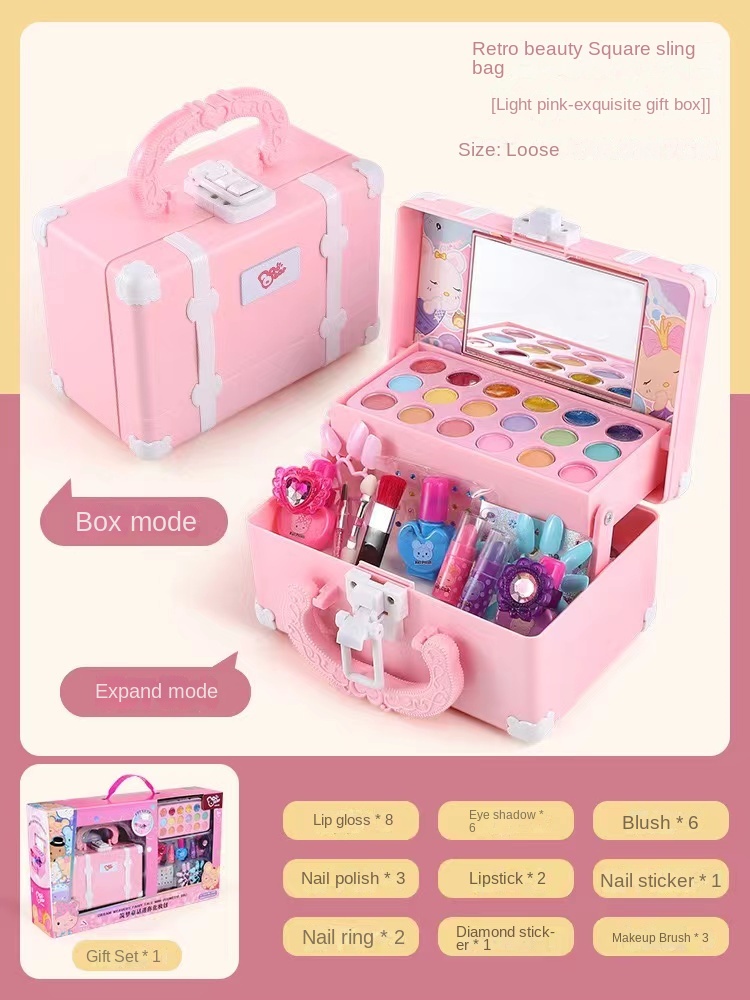 Caixa portátil para maquiagem infantil, rosa, bolo, espelho, caixa de