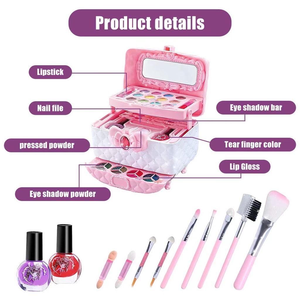 Caixa portátil para maquiagem infantil, rosa, bolo, espelho, caixa