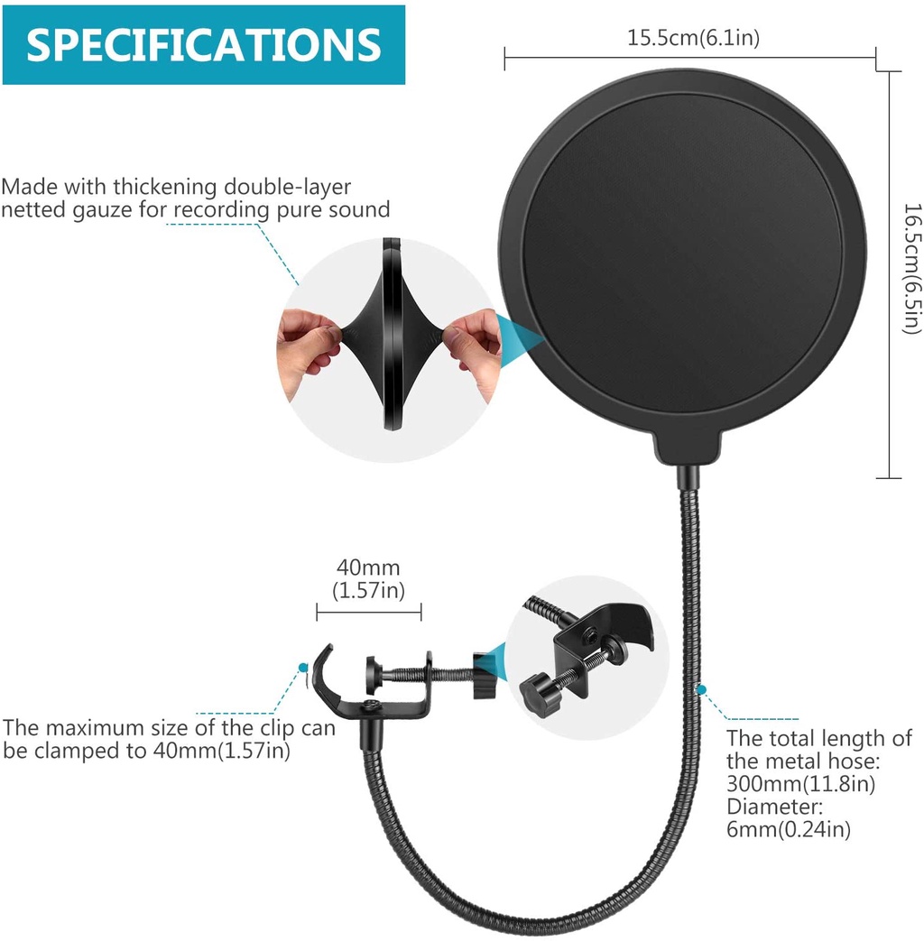 Tela de Filtro para Microfone de Estudio com Suporte Gooseneck Flexível de  360° na Cor Preta