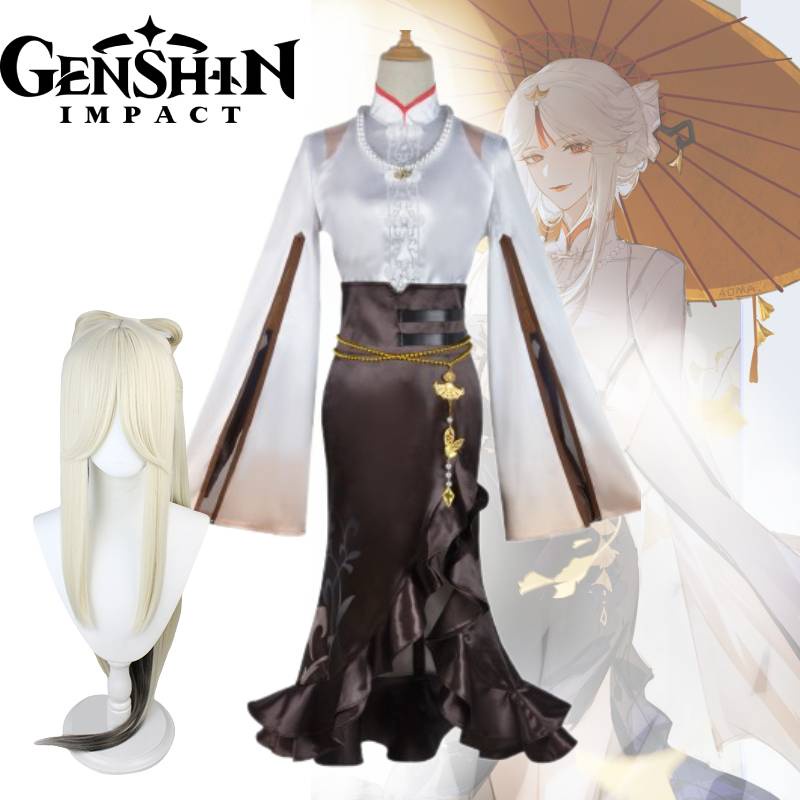 Genshin Impacto Ningguang Cosplay Pizzahut Costume Wig Anime Game Maid