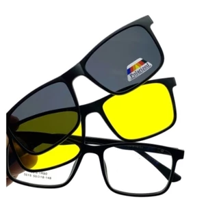 armação de óculos para grau masculino clip on 3 em 1 em acetato com lente polarizada preta e visão noturna amarela para noite