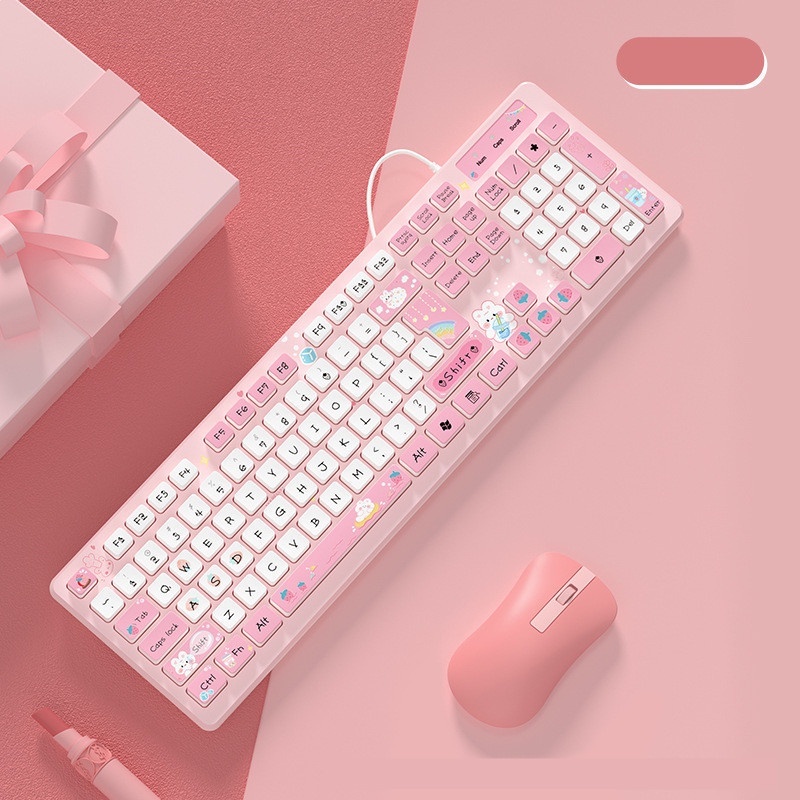 Teclado Rosa Com 104 Teclas Teclados USB Fio Fofo De Cartoon Rabbit Ergonômico Design De Jogos De Computador Mecânico Para Notebook Desktop
