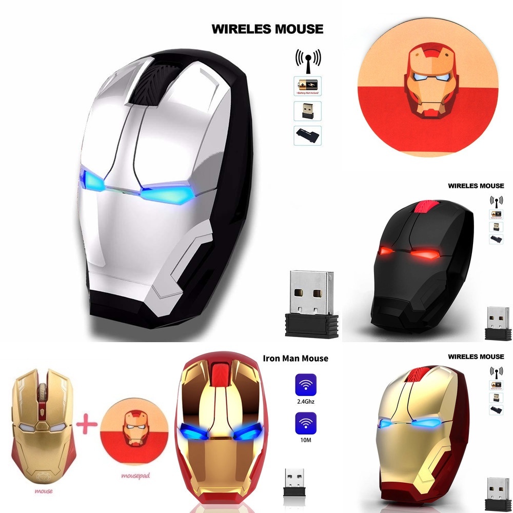 Rato Sem Fio 2.4G 1600DPI Mouse Silent Super Hero Computador Ferro Em Forma De Homem Led Bateria Ergonômico Com Receptor Nano USB Para Notebook PC Portátil