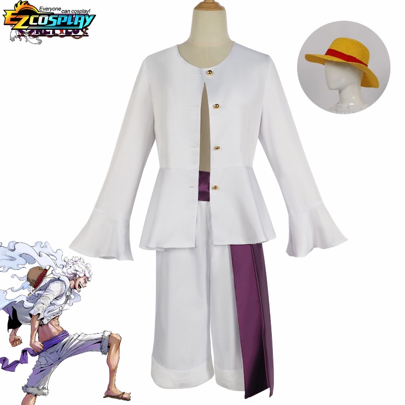 Nika Luffy Gear 5 Cosplay Anime Costume Fato Branco Camisa Calça Chapéu  Sash Monkey Halloween Conjunto De Festa De Natal