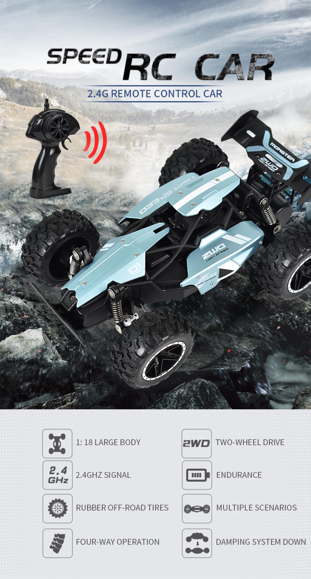 Carro de Controle Remoto Off-Road de Alta Velocidade 2.4G Carro de