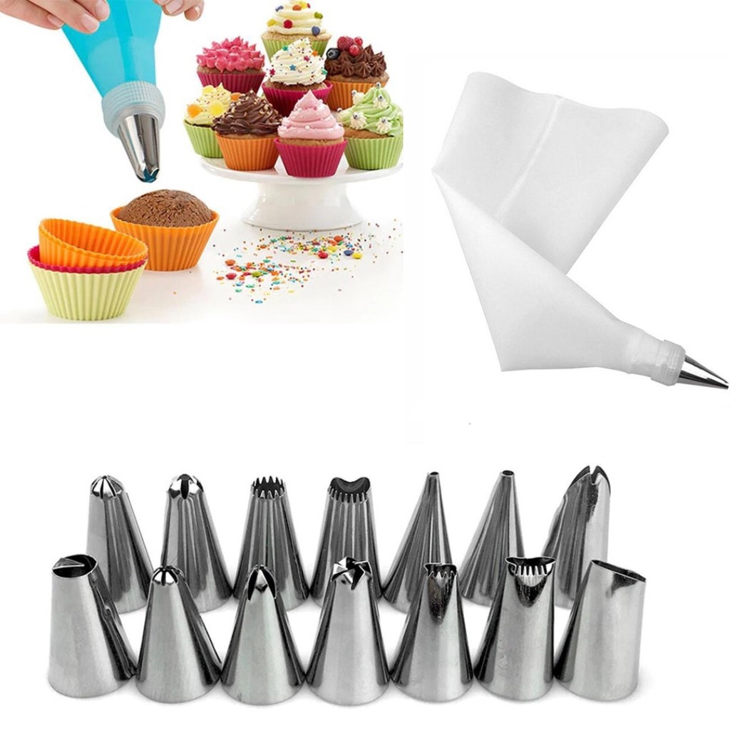 Kit 1 Saco Decorador Confeiteiro com 12 Bicos Inox para Bolo e Cup Cake