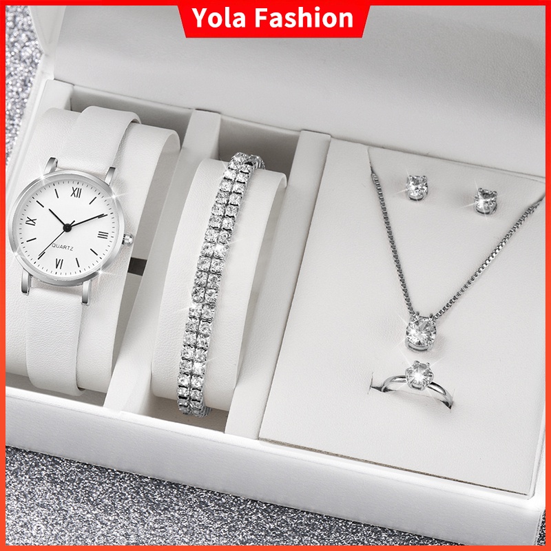 Moda Mulher Pequena Relógios Faixa De Couro Conjunto De Jóias De Quartzo Relógio