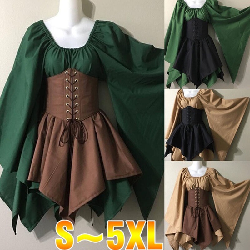 Conjunto de Vestidos Medievais Femininos Woodland Elf Fairy Corset Top Costume Saias de Halloween
