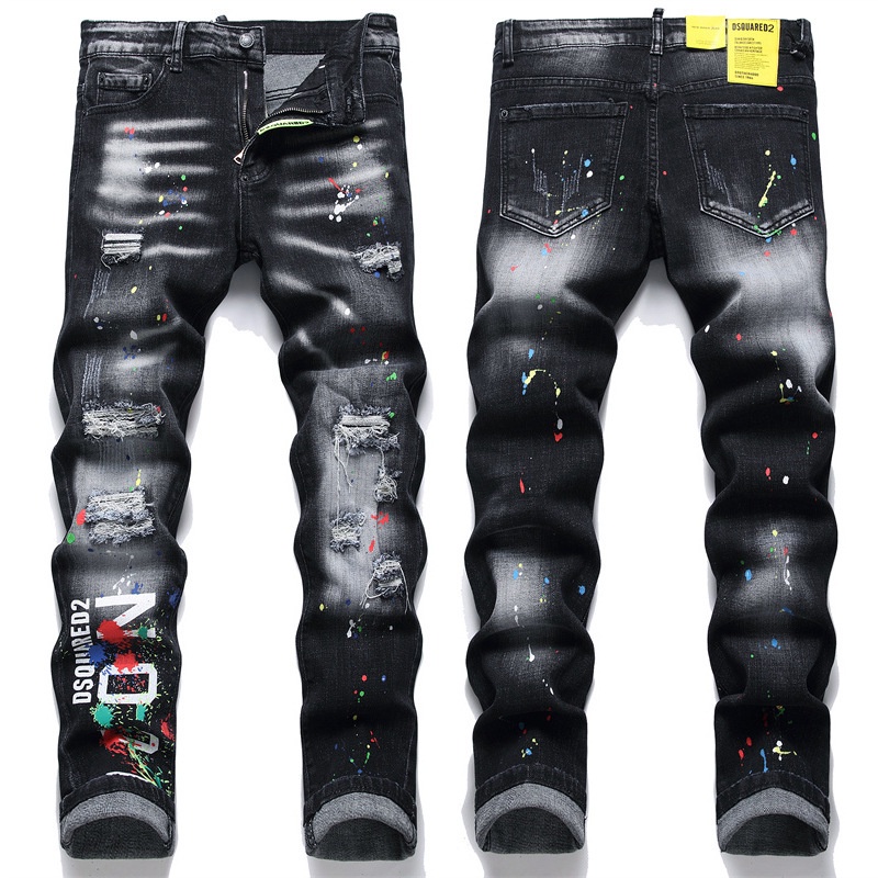 2023d2 Jeans Segundo Quadrado Bala De Algodão Slim Fit Preto Quatro Estações Processo DSQ De Tinta De Lançamento