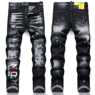 2023d2 Jeans Segundo Quadrado Bala De Algodão Slim Fit Preto Quatro Estações Processo DSQ De Tinta De Lançamento