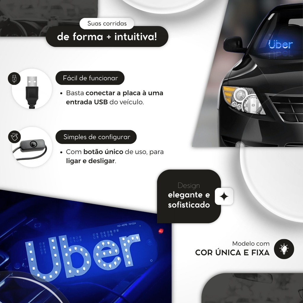 Placa LED UBER - Com Ventosas e Cabo USB, Pronta para Uso Imediato em ...