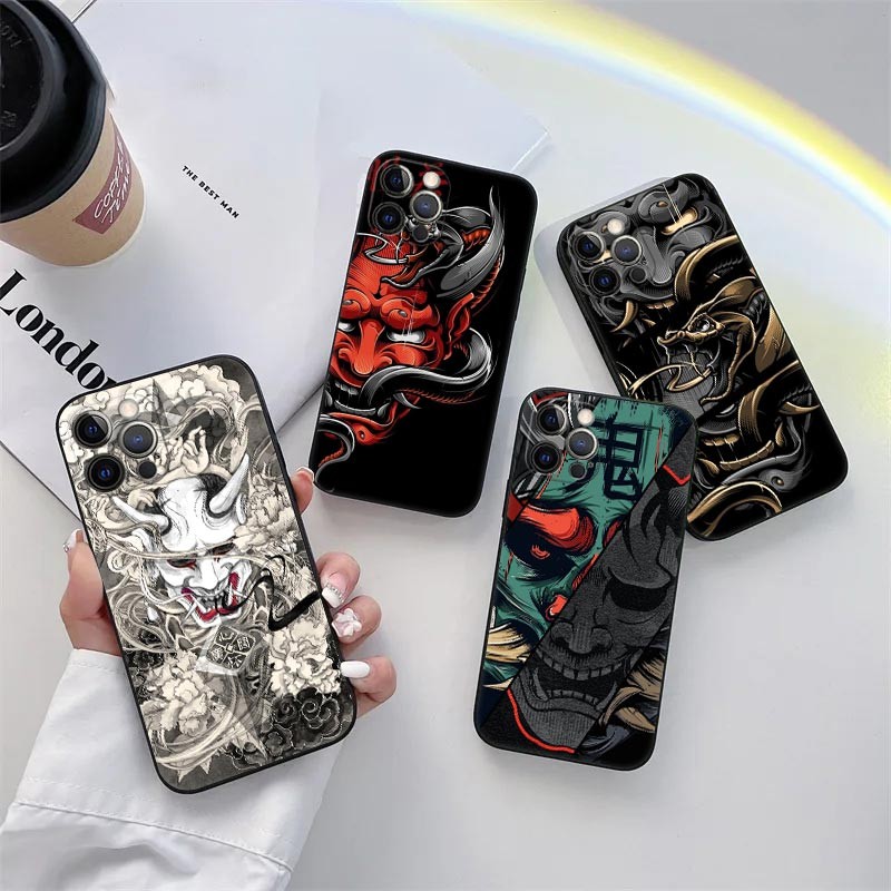 Samurai Hannya Máscara Fantasma Tatuagem Caixa De Telefone Para iPhone 16E 16 15 14 13 12 11 Pro Max XR XS 7 8 Plus 13 M