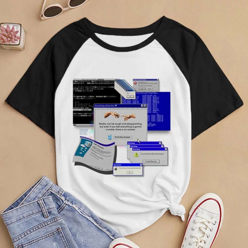 Frutiger Aero Feminino Digital anime harajuku Psicodélico Topo T streetwear Confortável kawaii Respirável Colorido