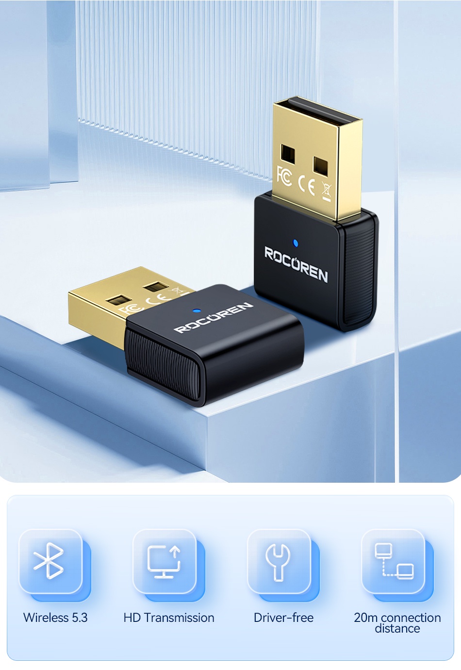 Rocoren USB Bluetooth 5.3 Adaptador Receptor Transmisor EDR Dongle