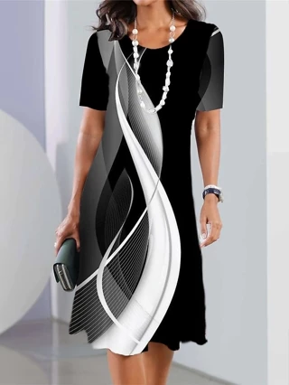 Vestido de Verão de tamanho grande com impressão geométrica Vestido de Verão de manga curta com gola redonda Casual