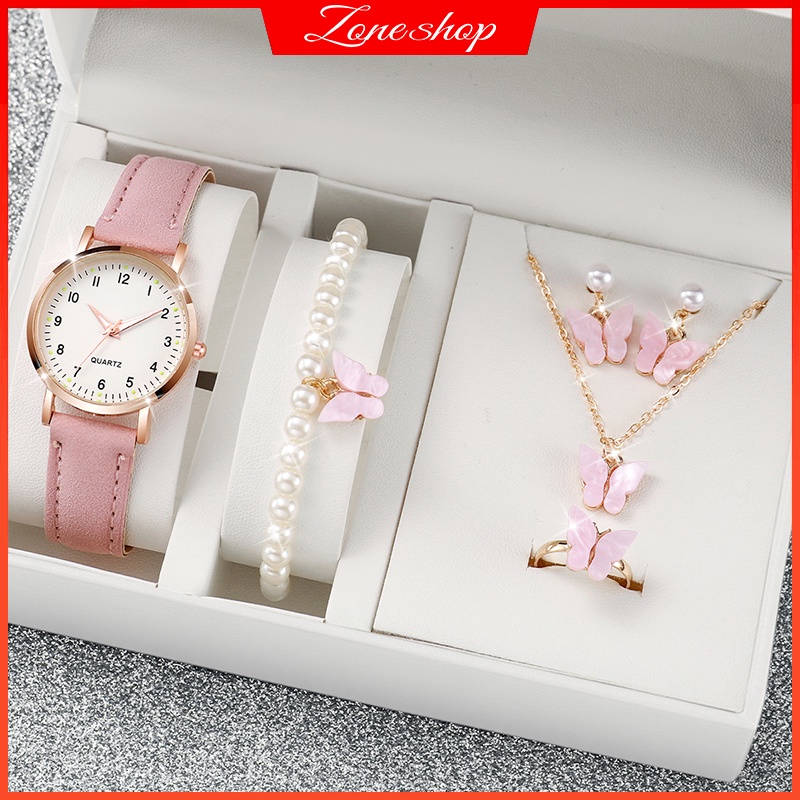 Faixa De Couro Casual Mulher Conjunto De Jóias De Quartzo Relógio Butterfly