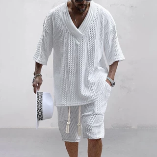 Conjunto Casual De Verão 2024 Roupas Masculinas De Malha De Duas Peças Camiseta De Manga Curta Em V E Calções Streetwear
