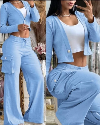 Conjunto Casual De Calças De Moda Feminina Preto De Duas Peças De Mola De Outono Botão De Pescoço Em V Profundo De Manga Longa Navel Exposto Top & Calça De Perna Larga