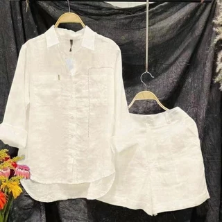 Moda Branca Camisa De Manga Comprida E Calção Conjunto De Duas Peças Mulheres 2024 Summer Cotton Linen Casual Home 2 Para
