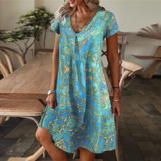 Vestido Casual de Verão de Verão de Manga Curta de Verão de Praia de Férias com Pescoço em V Solto