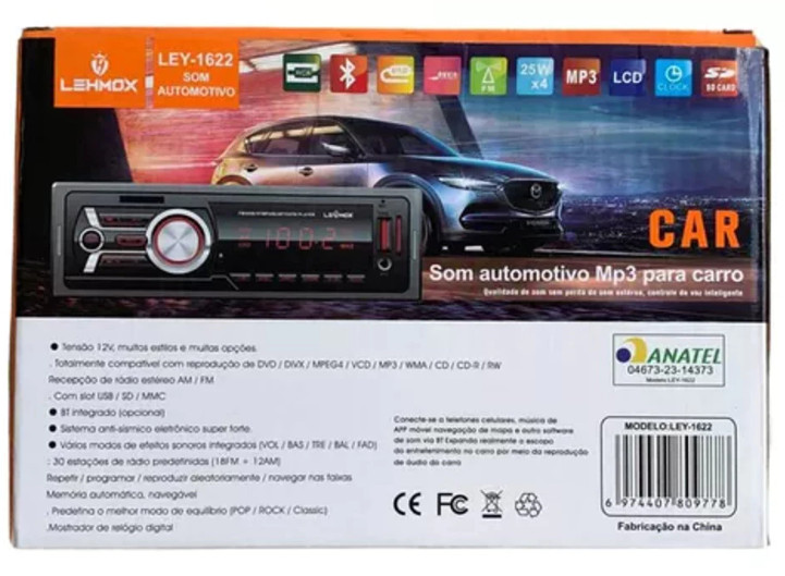 Som Automotivo Lehmox Ley-1622 – Rádio Bluetooth FM MP3 com Conectividade e Som de Alta Qualidade para Carro