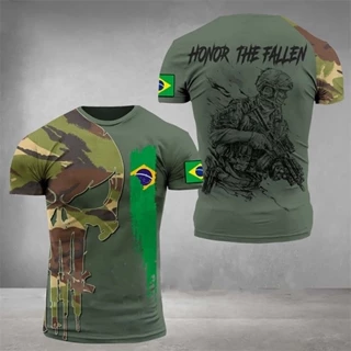 Camiseta Camuflagem Tática 3D Do Exército Brasileiro Homens Manga Curta