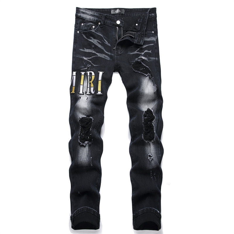 Novo Estilo Moda Azul Patch Pés Elásticos Bordados Jeans Masculino 3623