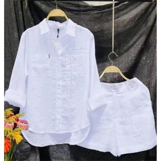 Moda Branca Camisa De Manga Comprida E Calção Conjunto De Duas Peças Mulheres 2024 Summer Cotton Linen Casual Home 2 Para em Oferta na Shopee