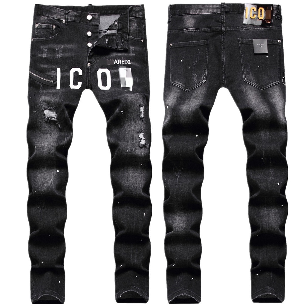 Bordado De Marca Da Moda Com Fios Sujos , Decoração interior Zíper , Impressão digital A Cores , jeans Elásticos slim fit Para Homens