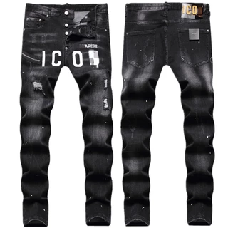 Bordado De Marca Da Moda Com Fios Sujos , Decoração interior Zíper , Impressão digital A Cores , jeans Elásticos slim fit Para Homens