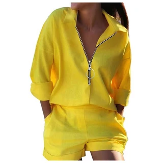 Conjunto de 2 peças de camisa feminina de 2 peças estampada amarela de primavera Verão Novo Estilo Conjunto de calções de 2 peças