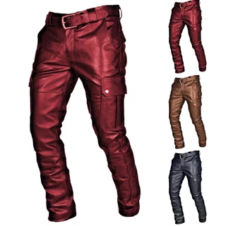 Homens Com Aspecto Molhado Brilhantes Punk PU Calças De Couro Motocicleta Slim Cor Sólida Plus Tamanho