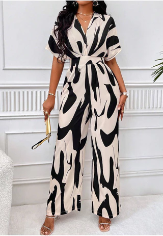 Elegante Macacão Feminino De Perna Larga Moda Primavera Verão V Pescoço Curto Manga Alta Cintura Inteira Impressão De Casual One Pieces