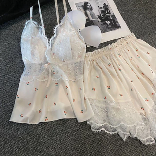 Pijamas De Seda Gelo Para Meninas Suspensórios De Verão , Shorts Terno Doméstico Com Almofada No Peito Sexy em Oferta na Shopee