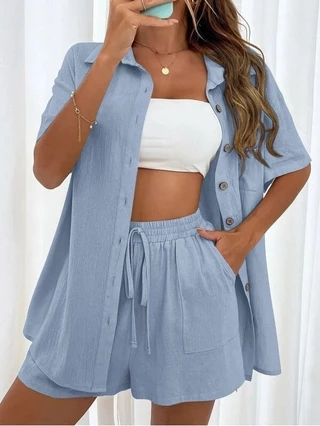 2024 Moda Calção de duas peças Camisa de duas peças de cor sólida Casual de manga curta solta de manga curta feminina de um peito