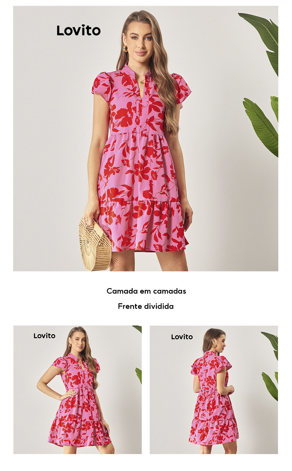 Lovito Vestido Boho Floral com Babados em Camadas e Fenda Frontal para ...