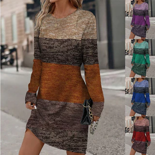2024 Vestido Confortável de Outono com Pescoço Redondo Contraste Cor Manga Longa Casual