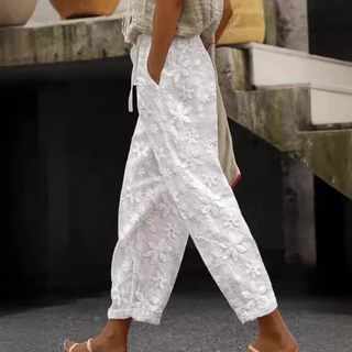 Zara 2023 Summer New Style Bordado com Renda Casual Feminina Calça Elástica de Tornozelo e Cintura Elástica