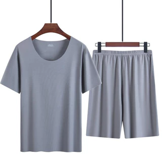 Pijama De Seda Gelo Fato De Verão Modal Sem Traço De Pescoço Redondo Fino De Manga Curta Para Homens