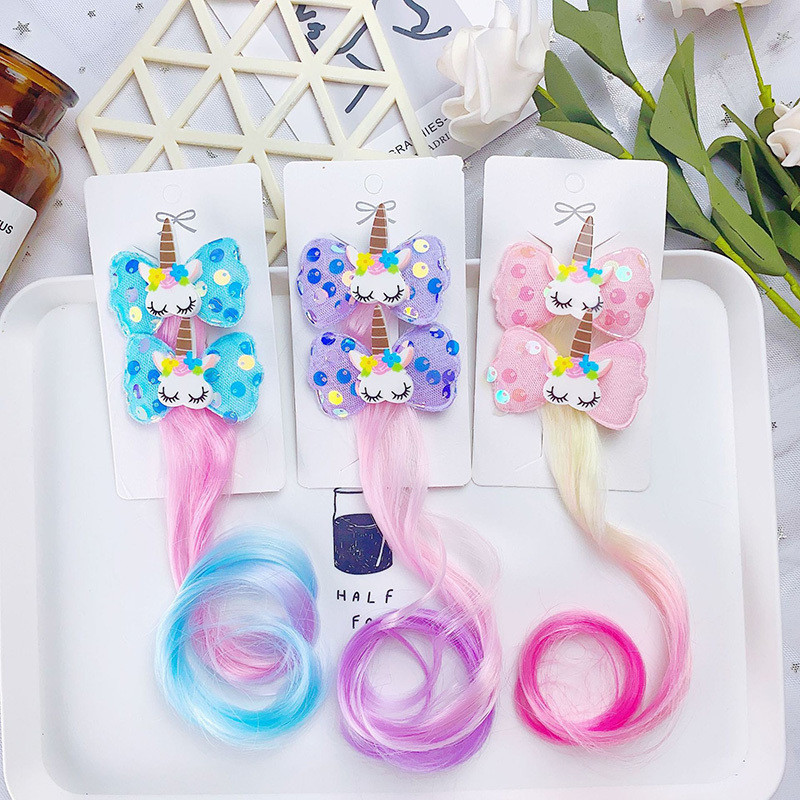 2PCS Novo Adorável Gradiente Colorido Unicórnio Cabeleira Meninas Cabeleireiro Clipes Acessórios