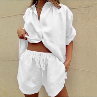 Primavera Verão Novo Estilo de Verão Camisa de manga curta feminina de cor sólida de manga curta de uma só peça Calça de duas peças de perna larga Lace @-