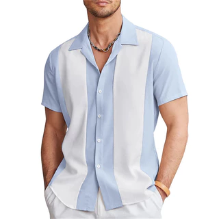Moda Verão 2023 Camisa Masculina De Boliche Botão casual Manga Curta Cor Correspondente Lapelas Rua Diariamente 6 Cores