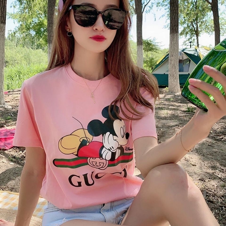 GUCCI 24 Nova Camiseta Europeia E Americana De Algodao Puro Moda Mickey Mouse Print Couple Loose Casual Trendy Short s Shopee Brasil