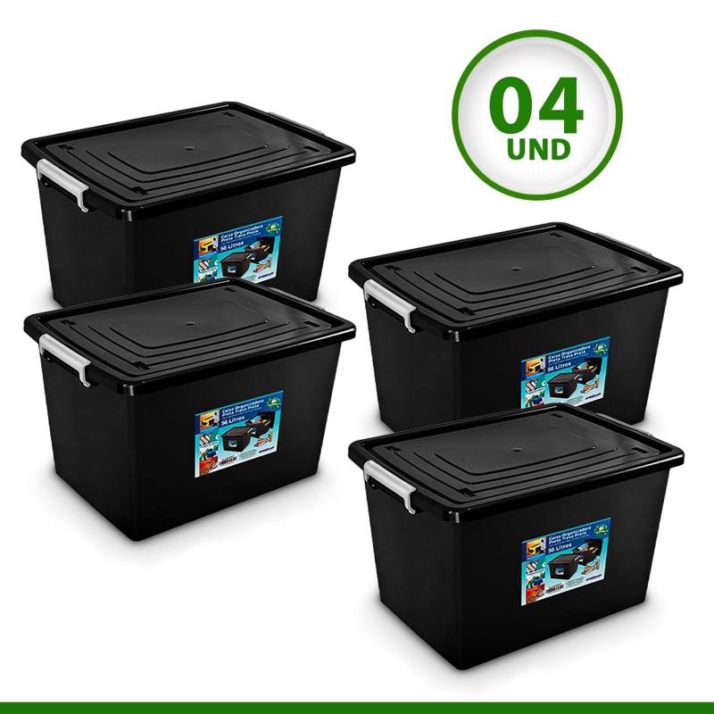 Kit 6 Caixas Organizadoras Arqplast 56 Litros - Com Tampa E Travas, Pretas