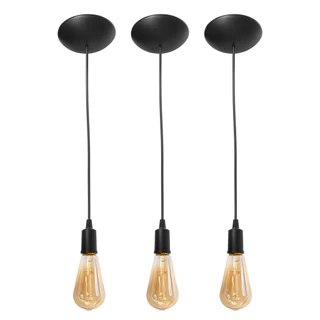 Kit 3 Pendente Lustre Luminarias Fio Simples Bocal Liso Cabo Retro Preto E-27 1 Metro Ajustável Com Canopla