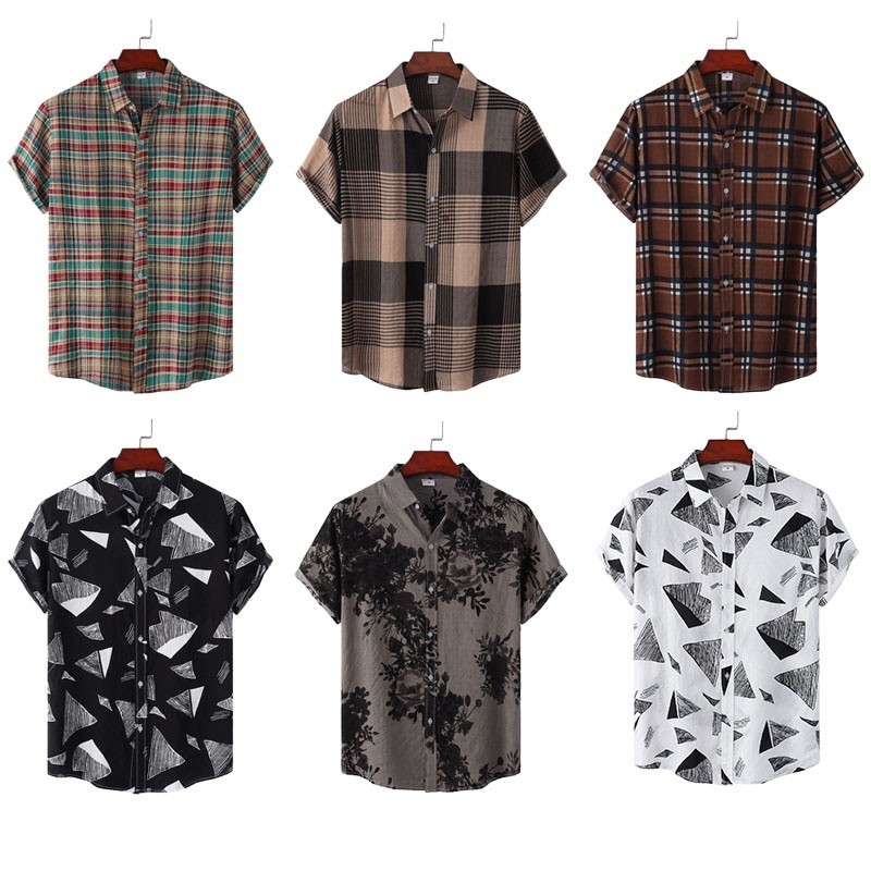 Plus Size Masculino Elegante Casual Solto Listrado \ Geométrico Impresso Xadrez Camisa De Manga Curta Botão Acima Lapela