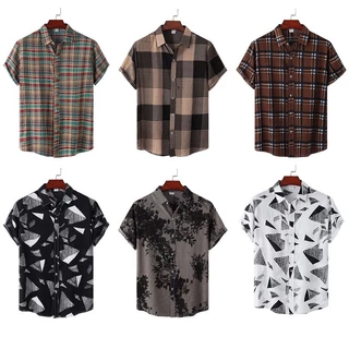 Plus Size Masculino Elegante Casual Solto Listrado \ Geométrico Impresso Xadrez Camisa De Manga Curta Botão Acima Lapela