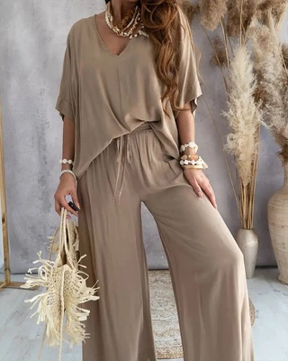 Summer Casual Loose Two Piece Set Moda Feminina Conjuntos De Calças De Pescoço Em V Manga De Morcego Elegante De 2 Peças