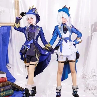 Genshin Impact Furina Cosplay Costume Fontaine Uniform Hat Wig Preto Fato Branco Conjunto Completo Cômico Para O Halloween Feminino