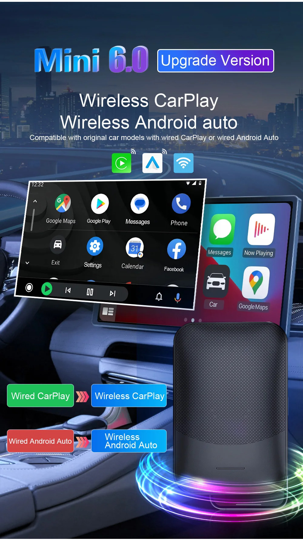 New Mini 6.0 Wireless Android Car Carplay Adapter Android Auto Car
